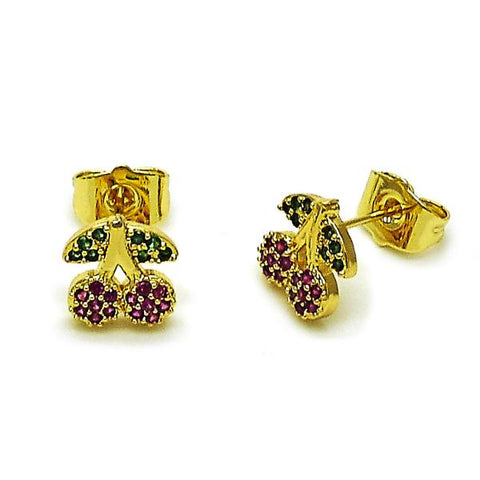 Arete Dormilona 02.344.0166 Oro Laminado, Diseño de Cereza, con Micro Pave Rubi y Verde, Pulido, Dorado