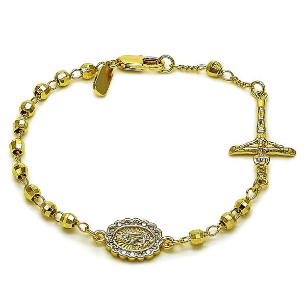 Pulsera Elegante 03.213.0361.07 Oro Laminado, Diseño de Guadalupe y Crucifijo, Diseño de Guadalupe, con Zirconia Cubica Blanca, Diamantado, Dorado