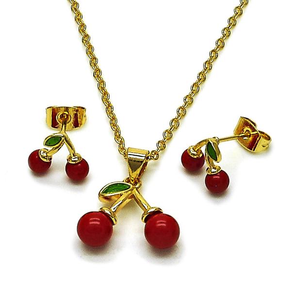 Juego de Arete y Dije de Adulto 10.282.0008 Oro Laminado, Diseño de Cereza, con Perla Granate, Pulido, Dorado