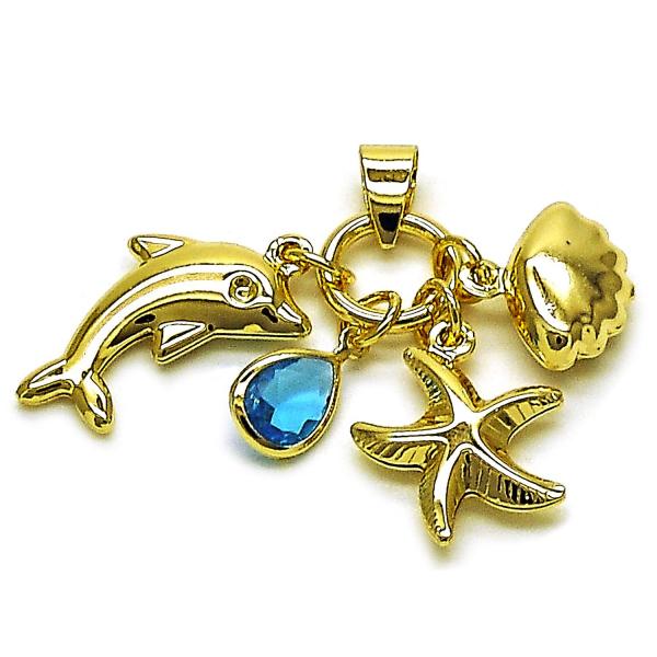 Dije Elegante 05.213.0178 Oro Laminado, Diseño de Delfin y Concha, Diseño de Delfin, con Zirconia Cubica Topacio Azul, Pulido, Dorado
