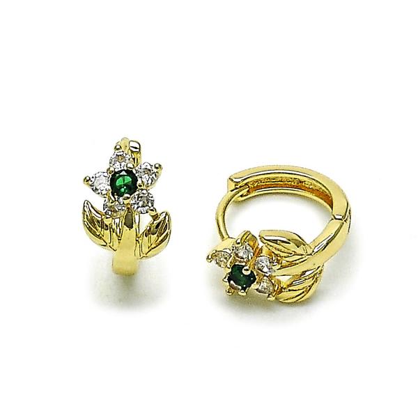 Argolla Huggie 02.196.0194.15 Oro Laminado, Diseño de Flor, con Zirconia Cubica Verde y Blanca, Pulido, Dorado