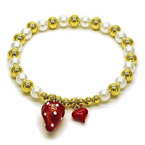 Pulsera Elegante 03.417.0012.08 Oro Laminado, Diseño de Fresa y Corazon, Diseño de Fresa, con Perla Marfil, Esmaltado Rojo, Dorado