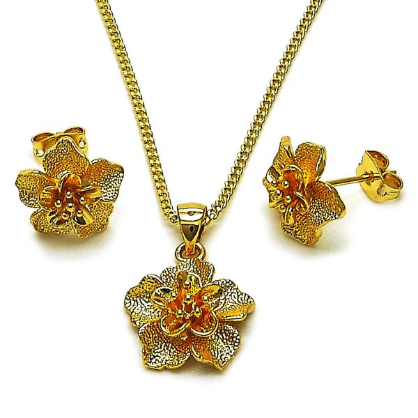 Juego de Arete y Dije de Adulto 10.342.0257 Oro Laminado, Diseño de Flor, Mate, Dorado