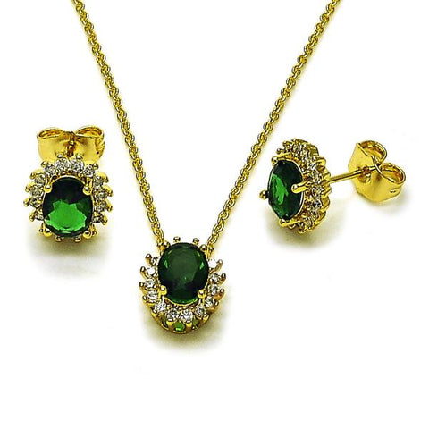 Juego de Arete y Dije de Adulto 10.156.0520.1 Oro Laminado, Diseño de Cluster, con Zirconia Cubica Verde y Blanca, Pulido, Dorado