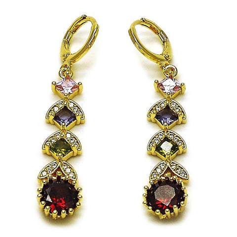 Arete Largo 02.323.0109 Oro Laminado, Diseño de Cluster, con Zirconia Cubica Multicolor y Micro PaveBlanca, Pulido, Dorado