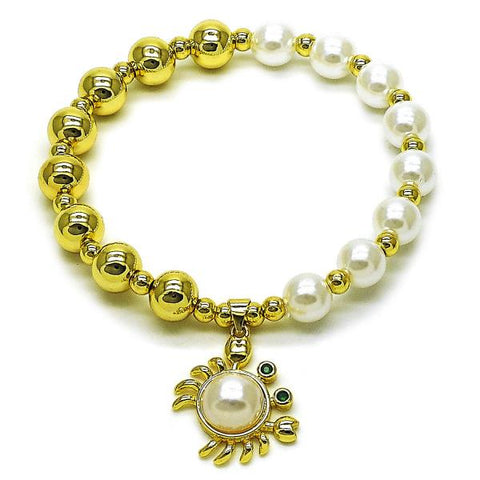 Pulsera Elegante 03.341.0251.07 Oro Laminado, Diseño de Bead Expandible y Bola, Diseño de Bead Expandible, con Perla Marfil y Zirconia CubicaVerde, Pulido, Dorado