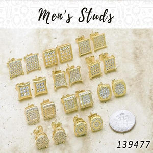 Kit Surtido de 33 Aretes de Botón para Hombre con Micro Pavé de Oro Laminado al por mayor — SKU 139477
