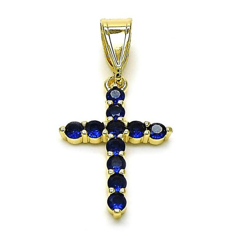 Dije Religioso 05.253.0182.2 Oro Laminado, Diseño de Cruz, con Zirconia Cubica Zafiro Azul, Pulido, Dorado