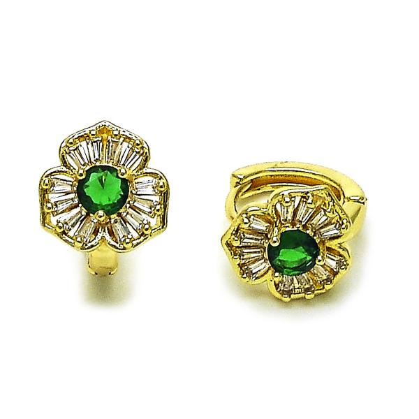 Argolla Huggie 02.196.0244.15 Oro Laminado, Diseño de Flor y Baguette, Diseño de Flor, con Zirconia Cubica Verde y Blanca, Pulido, Dorado