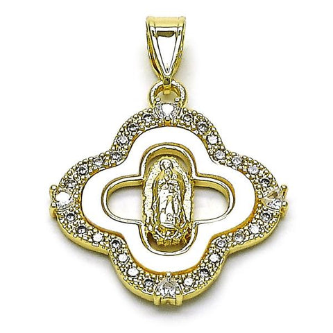 Dije Religioso 05.253.0196 Oro Laminado, Diseño de San Judas y Trebol de Cuatro Hojas, Diseño de San Judas, con Madre Perla Marfil y Zirconia CubicaBlanca, Pulido, Dorado