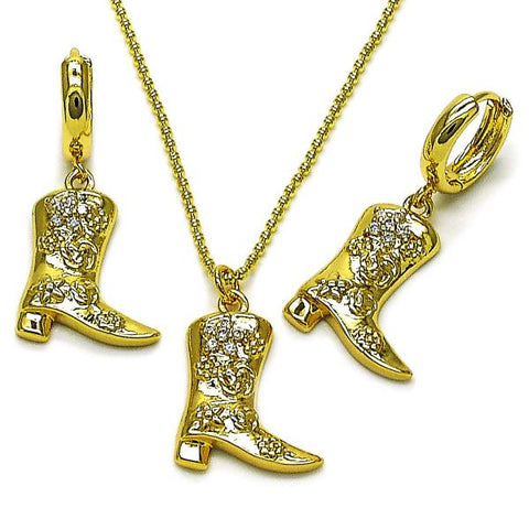 Juego de Arete y Dije de Adulto 10.341.0018 Oro Laminado, Diseño de Zapato y Flor, Diseño de Zapato, con Zirconia Cubica Blanca, Pulido, Dorado