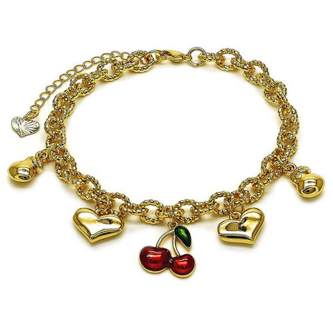 Pulsera de Dije 03.282.0006.07 Oro Laminado, Diseño de Cereza y Corazon, Diseño de Cereza, Esmaltado Rojo, Dorado