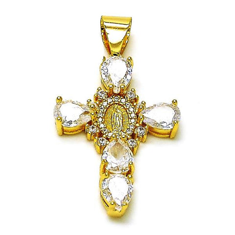 Dije Religioso 05.342.0228.2 Oro Laminado, Diseño de Cruz y Guadalupe, Diseño de Cruz, con Zirconia Cubica Blanca, Pulido, Dorado