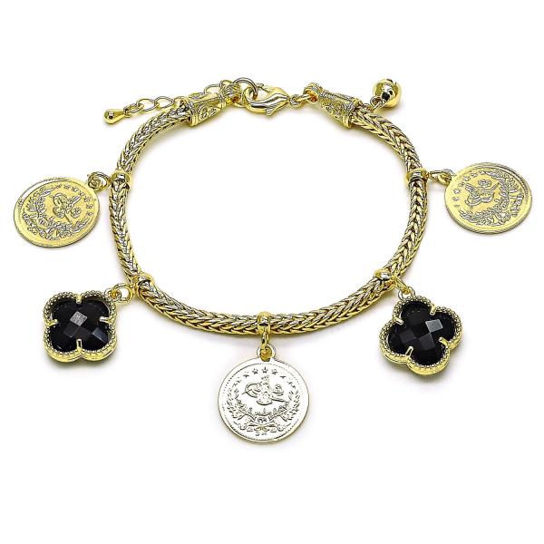 Pulsera de Dije 03.168.0041.07 Oro Laminado, Diseño de Trebol de Cuatro Hojas y Moneda, Diseño de Trebol de Cuatro Hojas, con Cristal Negro, Pulido, Dorado