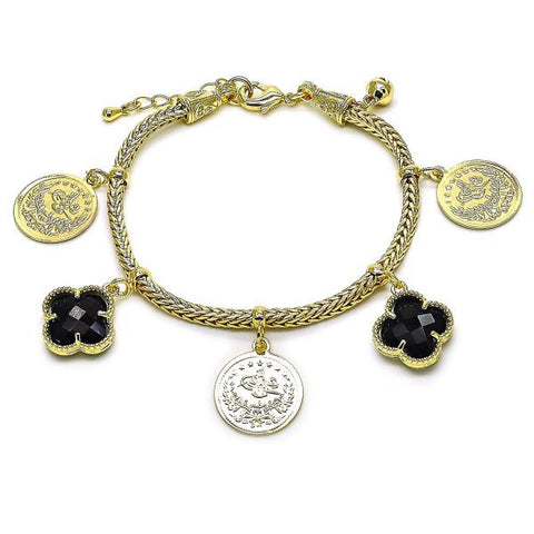 Pulsera de Dije 03.168.0041.07 Oro Laminado, Diseño de Trebol de Cuatro Hojas y Moneda, Diseño de Trebol de Cuatro Hojas, con Cristal Negro, Pulido, Dorado