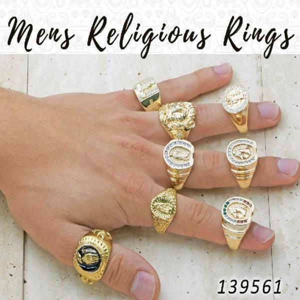 Kit Surtido de 12 Anillos para Hombre con Motivos Religiosos de Oro Laminado al por mayor — SKU 139561