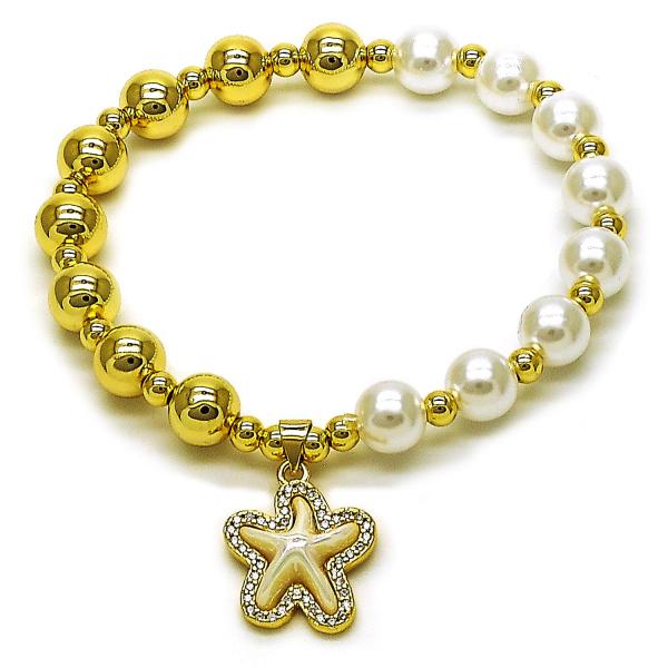 Pulsera Elegante 03.341.0249.07 Oro Laminado, Diseño de Estrella y Bola, Diseño de Estrella, con Perla Marfil y Micro PaveBlanca, Pulido, Dorado
