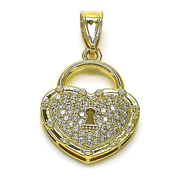 Dije Elegante 05.411.0025 Oro Laminado, Diseño de Corazon y Llave, Diseño de Corazon, con Micro Pave Blanca, Pulido, Dorado