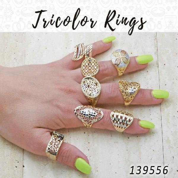 Kit Surtido de 15 Anillos Tricolor de Oro Laminado al por mayor — SKU 139556