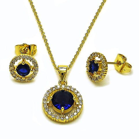 Juego de Arete y Dije de Adulto 10.156.0540.2 Oro Laminado, Diseño de Cluster, con Zirconia Cubica Zafiro Azul y Blanca, Pulido, Dorado