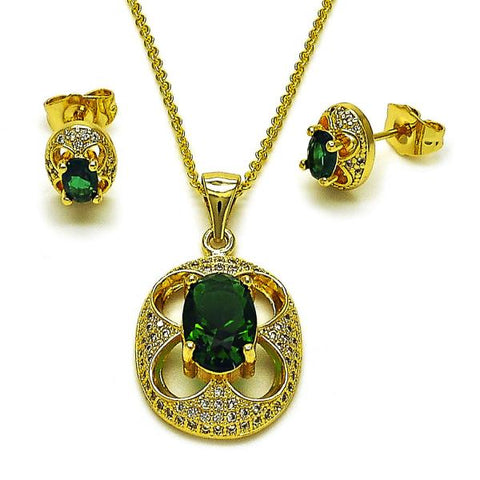 Juego de Arete y Dije de Adulto 10.156.0531 Oro Laminado, Diseño de Cluster, con Zirconia Cubica Verde y Micro PaveBlanca, Pulido, Dorado