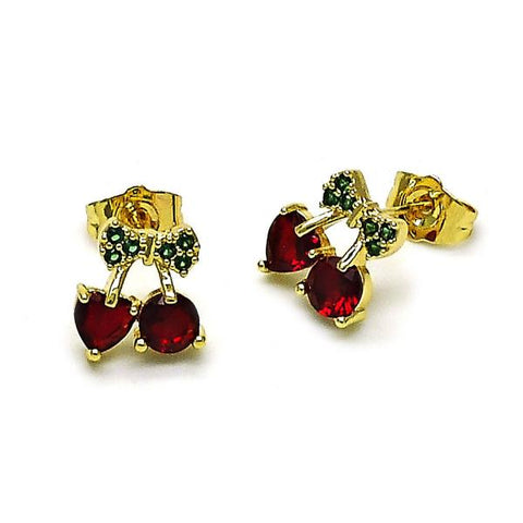 Arete Dormilona 02.283.0256 Oro Laminado, Diseño de Cereza y Arco, Diseño de Cereza, con Zirconia Cubica Granate y Verde, Pulido, Dorado