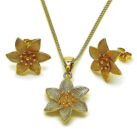 Juego de Arete y Dije de Adulto 10.342.0259 Oro Laminado, Diseño de Flor, Mate, Dorado