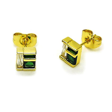 Arete Dormilona 02.156.0712 Oro Laminado, Diseño de Baguette, con Zirconia Cubica Verde y Blanca, Pulido, Dorado