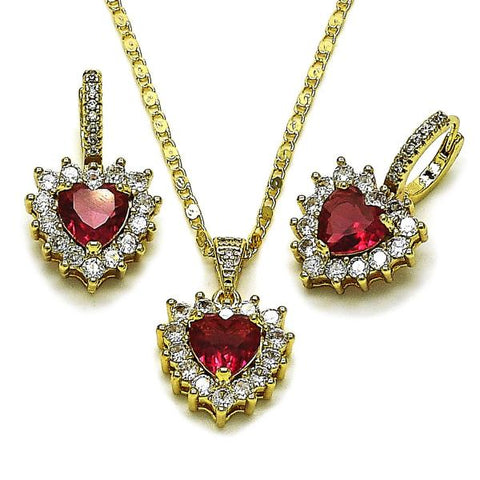 Juego de Arete y Dije de Adulto 10.196.0192.1 Oro Laminado, Diseño de Corazon y Cluster, Diseño de Corazon, con Zirconia Cubica Rubi y Blanca, Pulido, Dorado