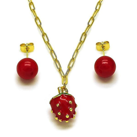 Juego de Arete y Dije de Adulto 10.417.0020 Oro Laminado, Diseño de Fresa y Paperclip, Diseño de Fresa, Esmaltado Rojo, Dorado