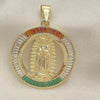 Dije Religioso 05.253.0177 Oro Laminado, Diseño de Guadalupe y Baguette, Diseño de Guadalupe, con Zirconia Cubica Granate y Blanca, Pulido, Dorado