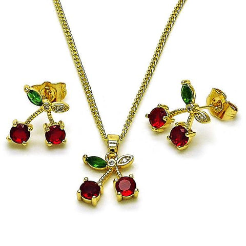 Juego de Arete y Dije de Adulto 10.283.0025 Oro Laminado, Diseño de Cereza, con Zirconia Cubica Granate y Verde, Pulido, Dorado