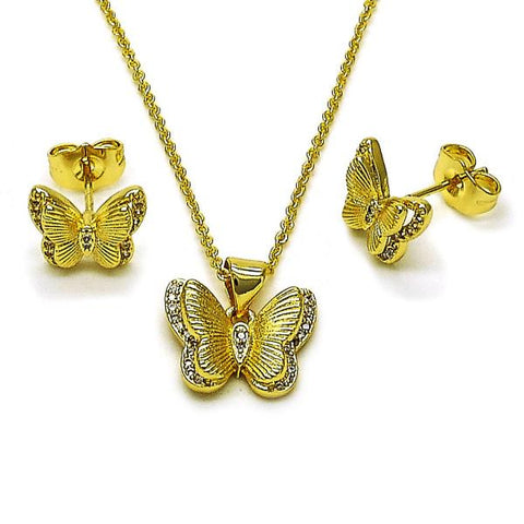 Juego de Arete y Dije de Adulto 10.156.0513 Oro Laminado, Diseño de Mariposa y Rolo, Diseño de Mariposa, con Micro Pave Blanca, Diamantado, Dorado