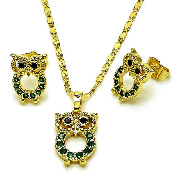 Juego de Arete y Dije de Adulto 10.196.0175 Oro Laminado, Diseño de Buho, con Zirconia Cubica Verde y Negro, Pulido, Dorado