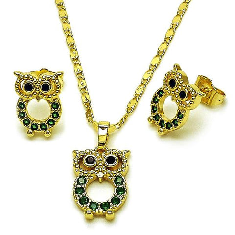 Juego de Arete y Dije de Adulto 10.196.0175 Oro Laminado, Diseño de Buho, con Zirconia Cubica Verde y Negro, Pulido, Dorado