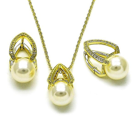 Juego de Arete y Dije de Adulto 10.156.0519 Oro Laminado, Diseño de Bola, con Perla Marfil y Micro PaveBlanca, Pulido, Dorado