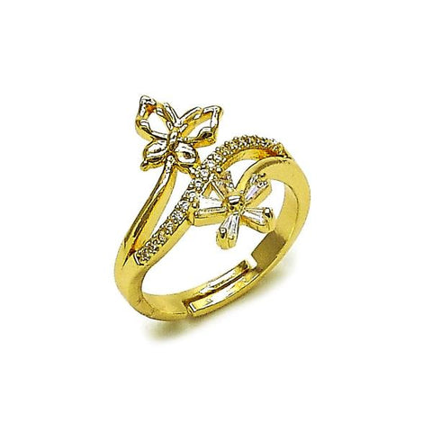 Anillo Multi Piedra 01.266.0066 Oro Laminado, Diseño de Flor y Mariposa, Diseño de Flor, con Zirconia Cubica Blanca y Micro PaveBlanca, Pulido, Dorado