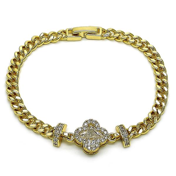 Pulsera Elegante 03.283.0416.07 Oro Laminado, Diseño de Trebol de Cuatro Hojas y Miami Cubana, Diseño de Trebol de Cuatro Hojas, con Zirconia Cubica Blanca y Micro PaveBlanca, Diamantado, Dorado