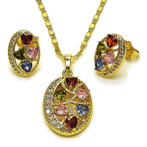 Juego de Arete y Dije de Adulto 10.196.0188 Oro Laminado, Diseño de Corazon, con Zirconia Cubica Multicolor y Blanca, Pulido, Dorado