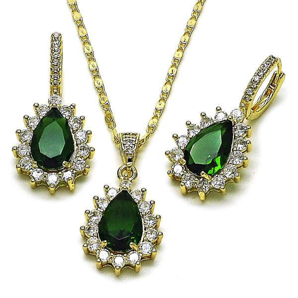 Juego de Arete y Dije de Adulto 10.196.0194 Oro Laminado, Diseño de Cluster y Gota, Diseño de Cluster, con Zirconia Cubica Verde y Blanca, Pulido, Dorado