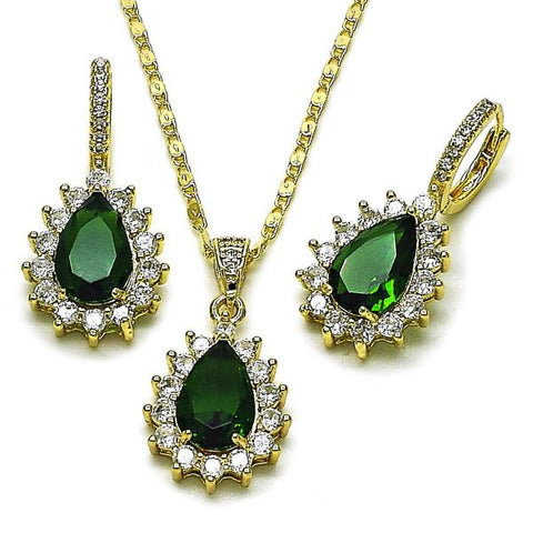 Juego de Arete y Dije de Adulto 10.196.0194 Oro Laminado, Diseño de Cluster y Gota, Diseño de Cluster, con Zirconia Cubica Verde y Blanca, Pulido, Dorado