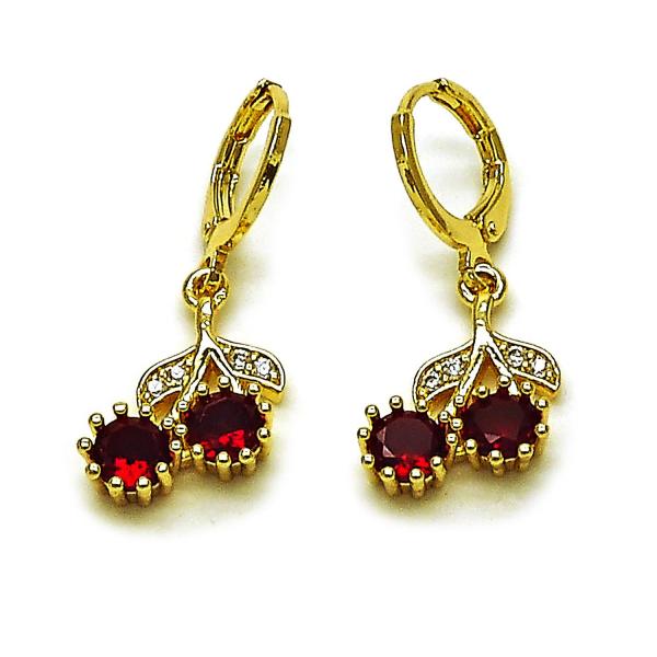 Arete Colgante 02.323.0095 Oro Laminado, Diseño de Cereza, con Zirconia Cubica Granate y Micro PaveBlanca, Pulido, Dorado