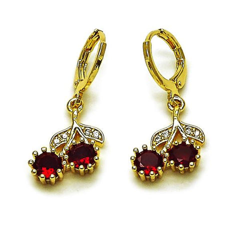 Arete Colgante 02.323.0095 Oro Laminado, Diseño de Cereza, con Zirconia Cubica Granate y Micro PaveBlanca, Pulido, Dorado