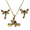 Juego de Arete y Dije de Adulto 10.316.0034.4 Oro Laminado, Diseño de Libelula, con Zirconia Cubica Multicolor, Pulido, Dorado