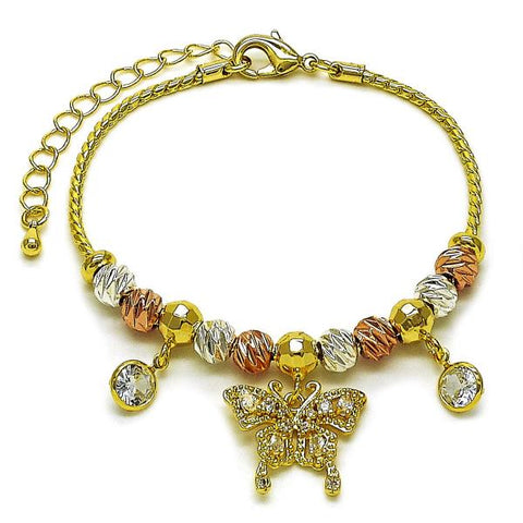 Pulsera Elegante 03.411.0073.07 Oro Laminado, Diseño de Mariposa y Bola, Diseño de Mariposa, con Zirconia Cubica Blanca, Diamantado, Tricolor