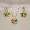 Juego de Arete y Dije de Adulto 10.196.0147 Oro Laminado, Diseño de Mariposa, con Zirconia Cubica Multicolor, Pulido, Dorado