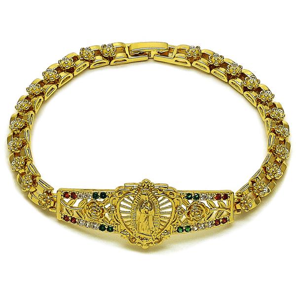 Pulsera Elegante 03.283.0500.1.07 Oro Laminado, Diseño de Guadalupe y Flor, Diseño de Guadalupe, con Zirconia Cubica Multicolor, Pulido, Dorado