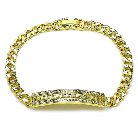 Pulsera con Placa 03.411.0055.08 Oro Laminado, Diseño de Llave Griega y Miami Cubana, Diseño de Llave Griega, con Micro Pave Blanca, Pulido, Dorado