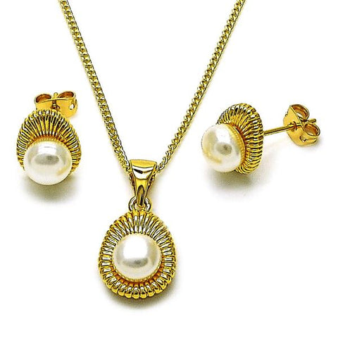 Juego de Arete y Dije de Adulto 10.342.0253 Oro Laminado, Diseño de Gota, con Perla Marfil, Pulido, Dorado