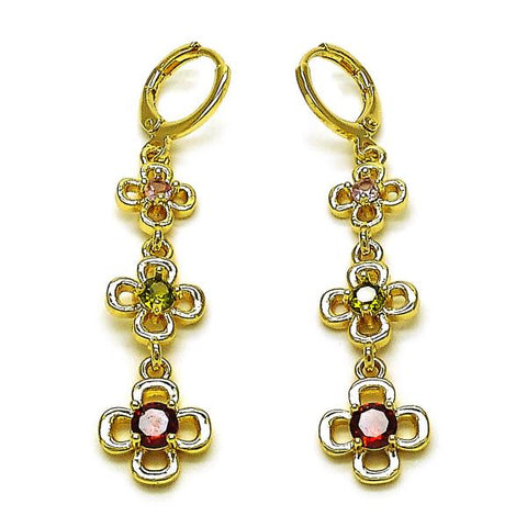 Arete Largo 02.323.0100 Oro Laminado, Diseño de Flor, con Zirconia Cubica Multicolor, Pulido, Dorado